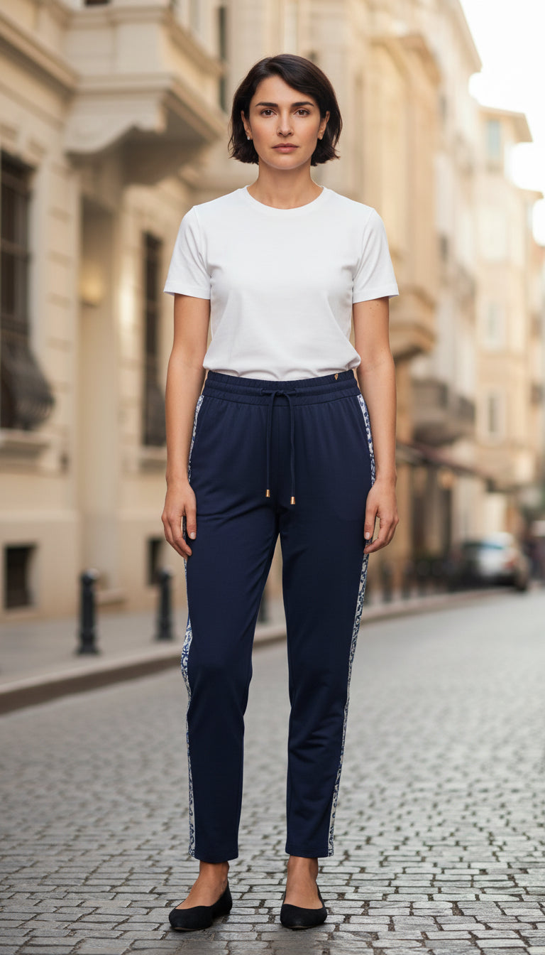 Model wearing Isla Bonita navy pants front view