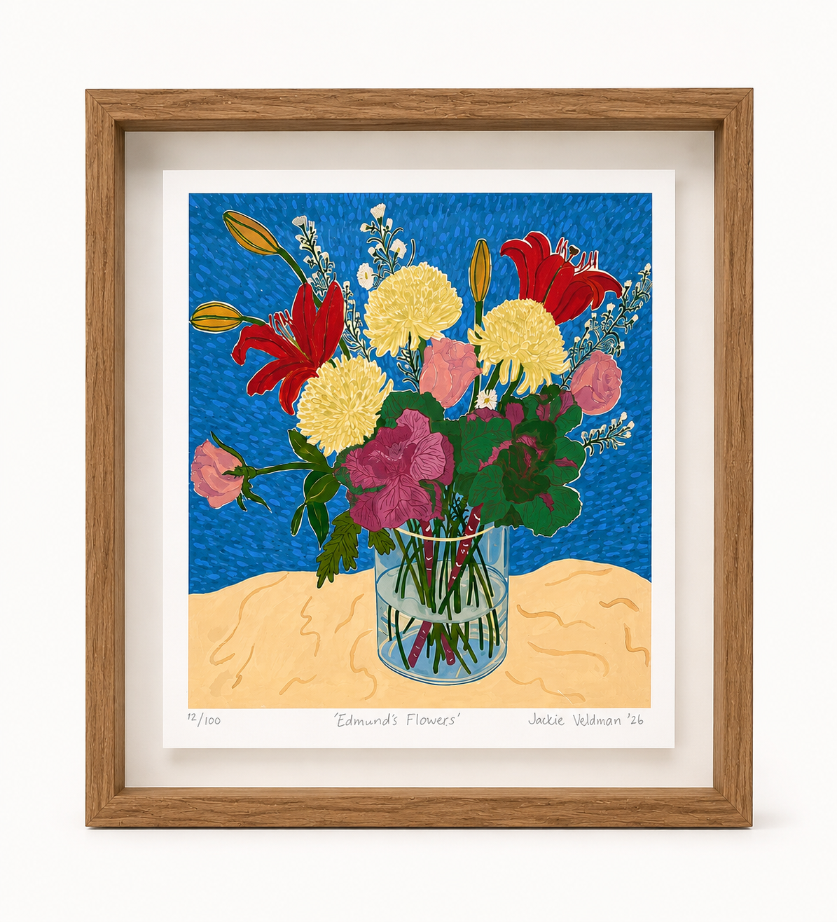 Jackie Veldman Edmund's Flowers limited edition framed art print featuring a colourful bouquet of flowers in a glass vase against a bright blue background.