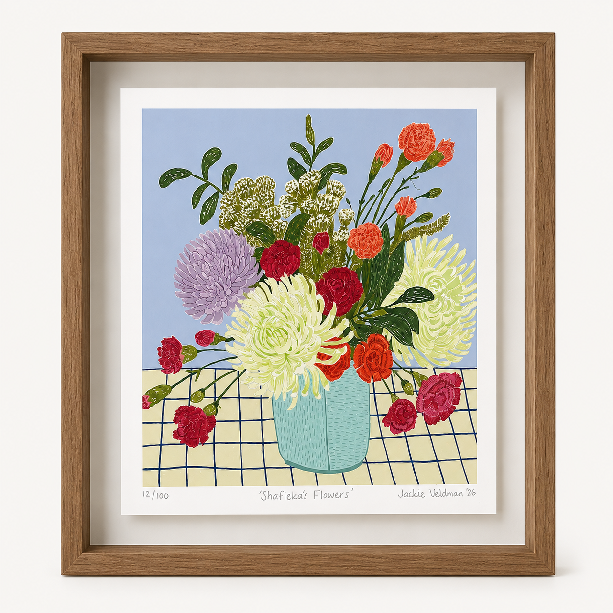 Jackie Veldman Shafieka's Flowers limited edition framed art print featuring colourful chrysanthemums and floral blooms arranged in a vase against a soft blue background.