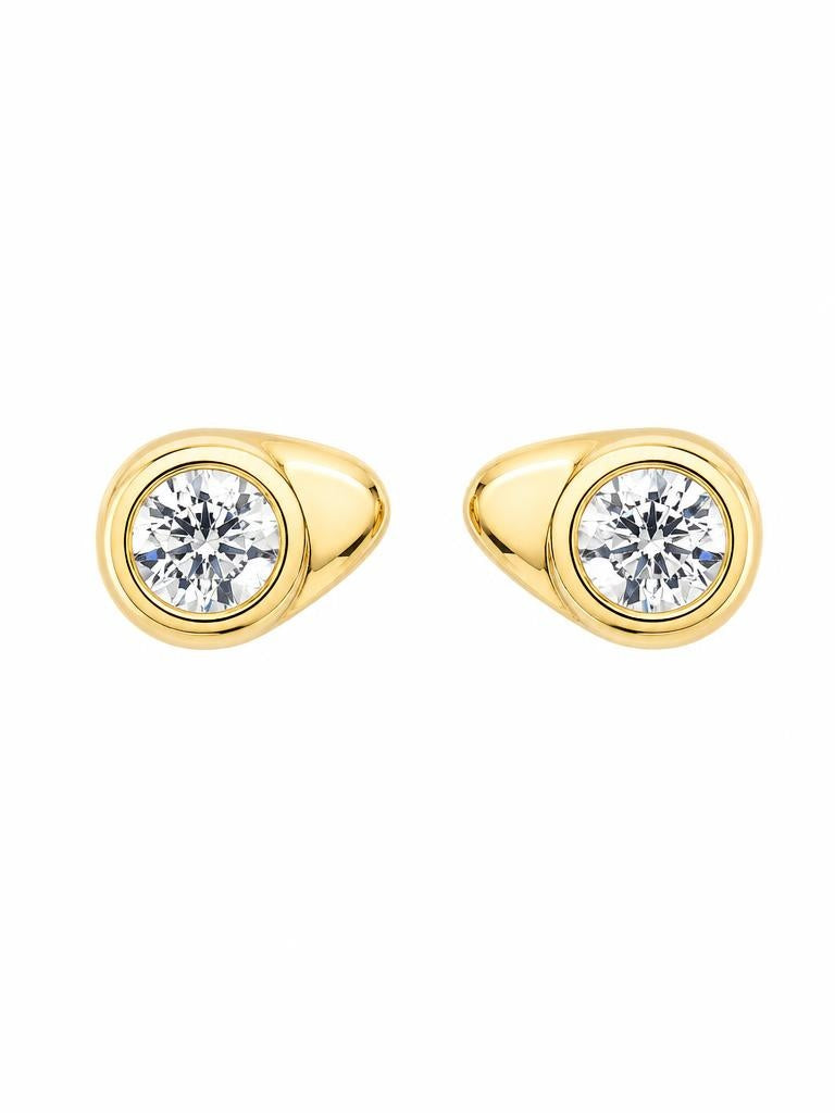 JimnoJeans gold stud earrings with round moissanite stones in polished setting