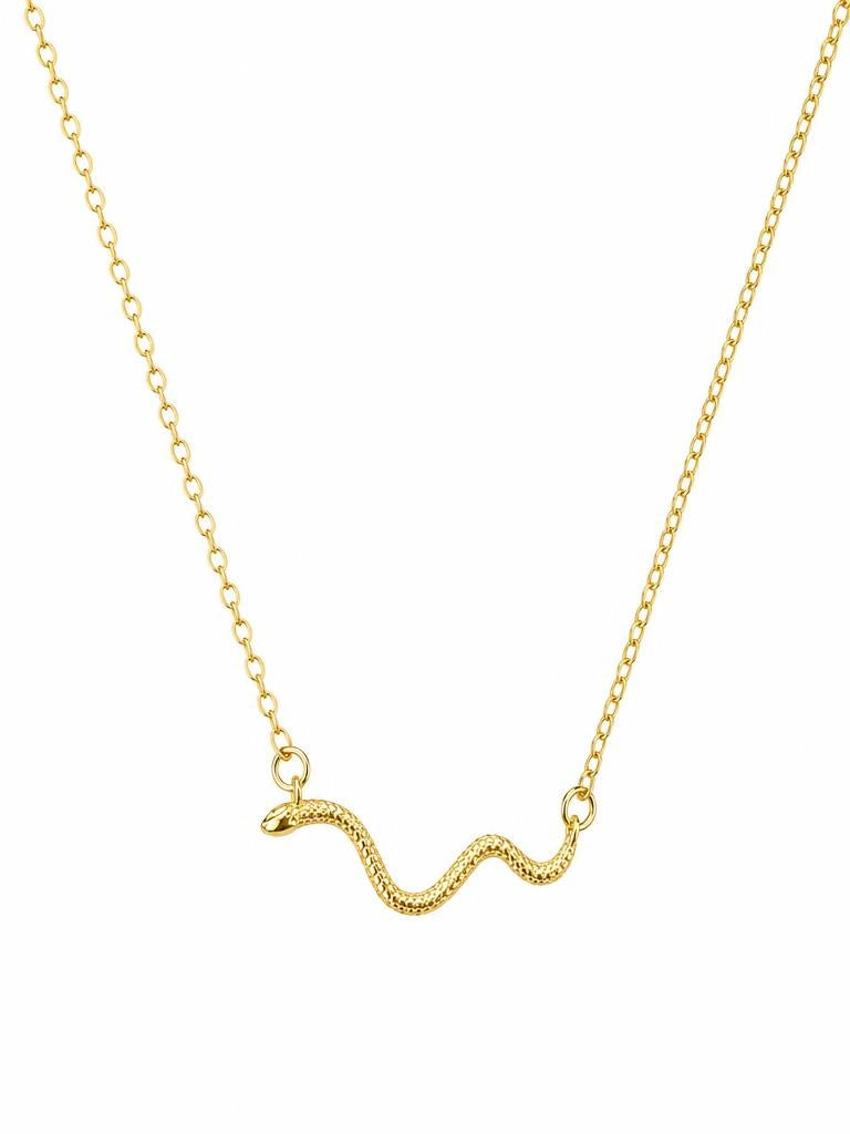 JimnoJeans gold water snake pendant necklace with textured snake design on fine chain