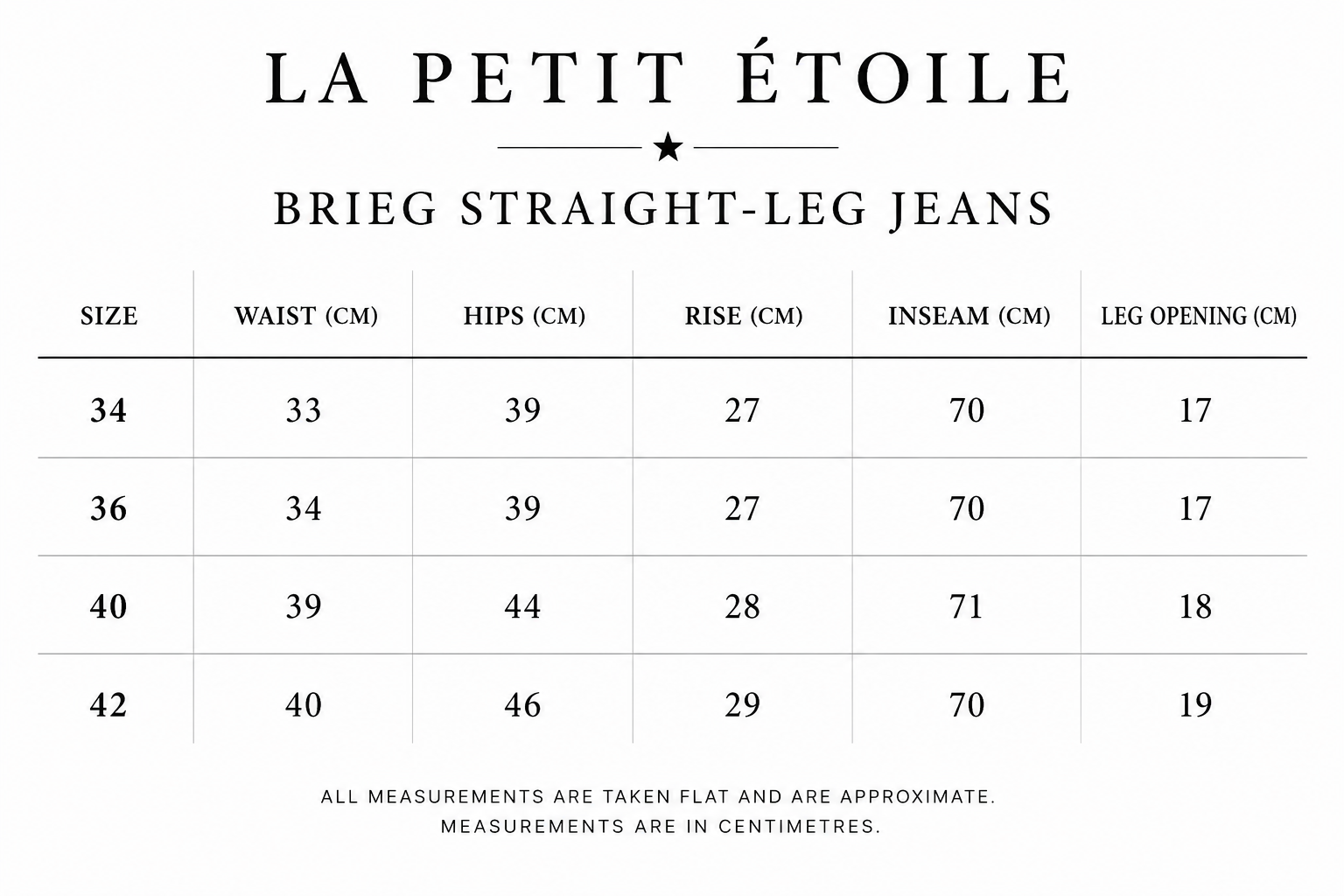 La Petit Étoile Brieg Straight-Leg Jeans size guide showing waist, hips, rise, inseam and leg opening measurements in centimetres for sizes 34, 36, 40 and 42.