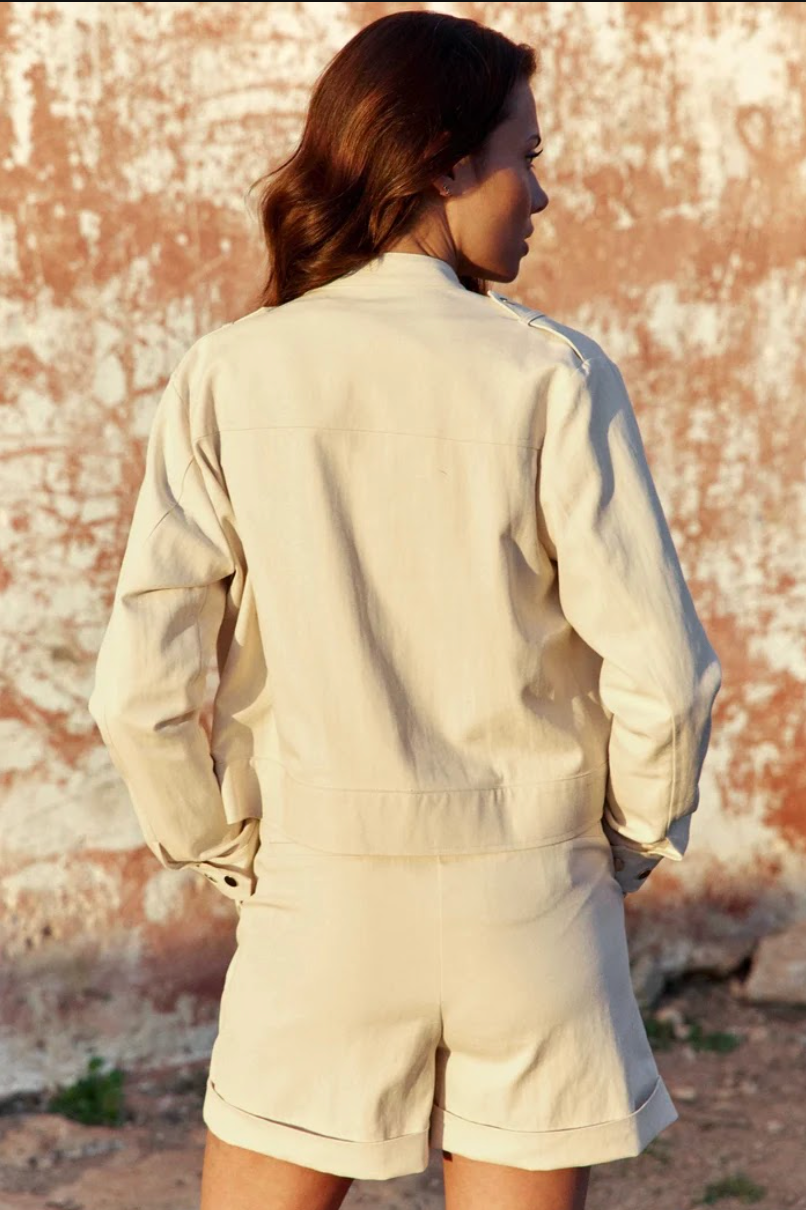 Back view of the La Petit Étoile Nevada Jacket in Natural showing the cropped boxy silhouette