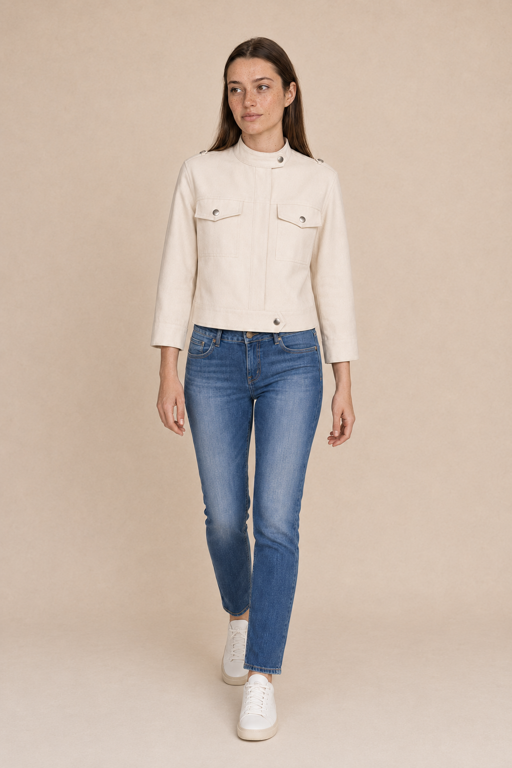 La Petite Étoile Nevada cropped utility jacket in natural styled with blue jeans on model