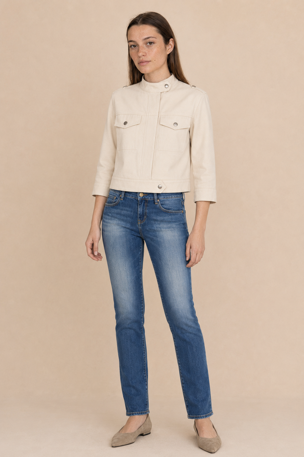 La Petite Étoile Nevada cropped utility jacket in natural front view on model with blue jeans