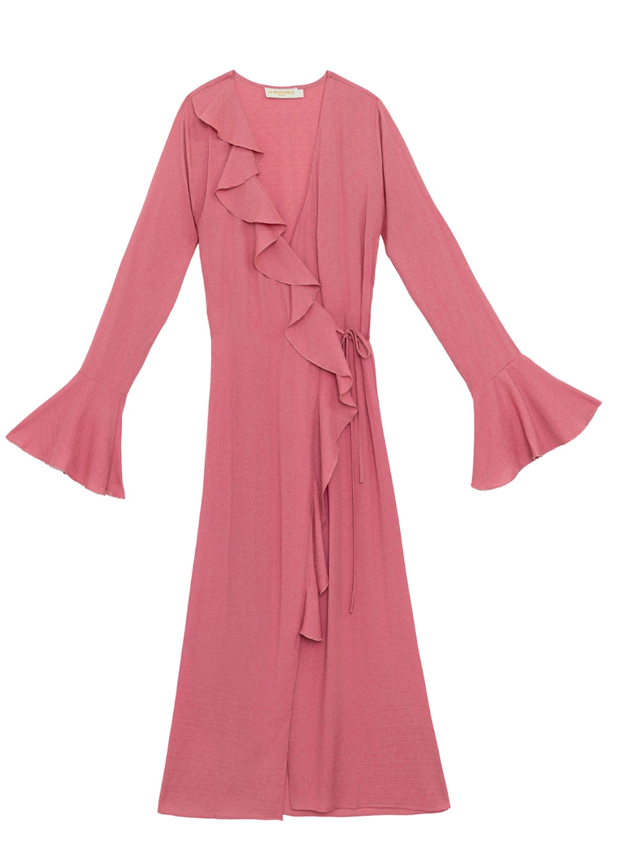 La Petit Étoile Rosae Midi Dress in Rose — ruffle wrap front with fluted cuffs and self-tie waist, front view