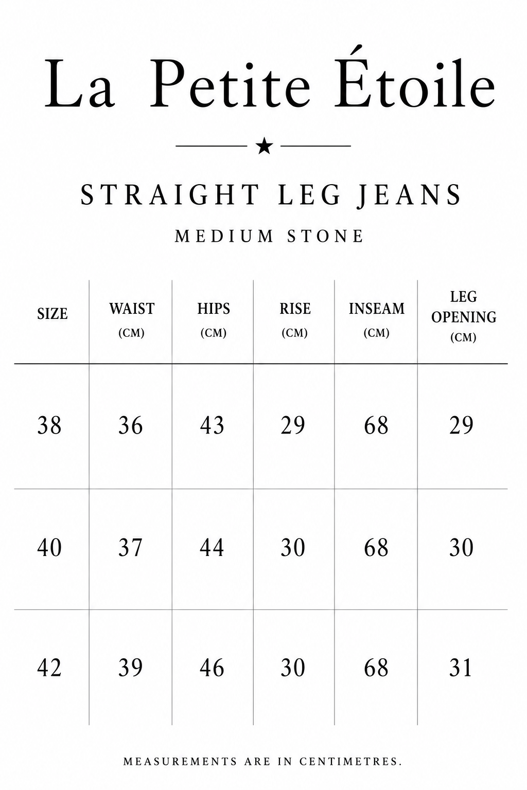 Size guide for La Petit Étoile Straight Leg Jeans in Medium Stone showing waist, hips, rise, inseam and leg opening measurements in centimetres for sizes 38, 40 and 42.
