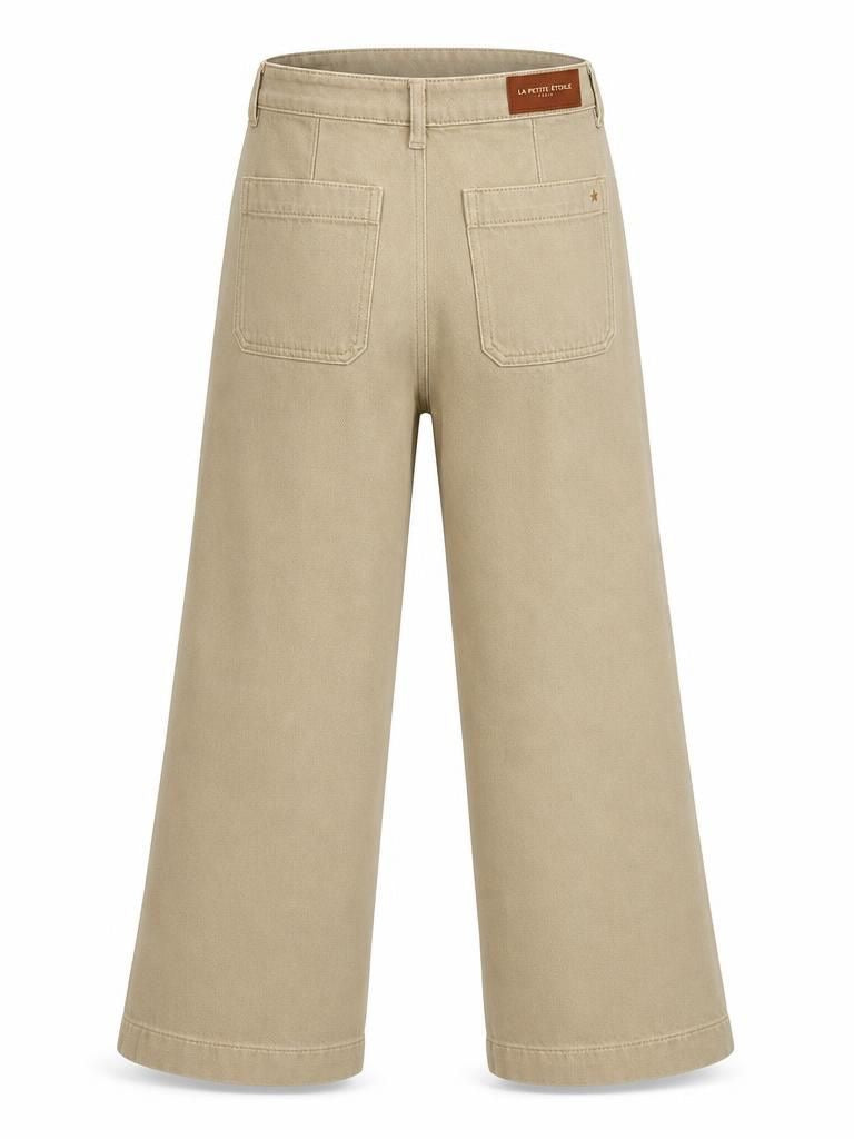 La Petit Étoile beige wide leg jeans with button front and patch pockets