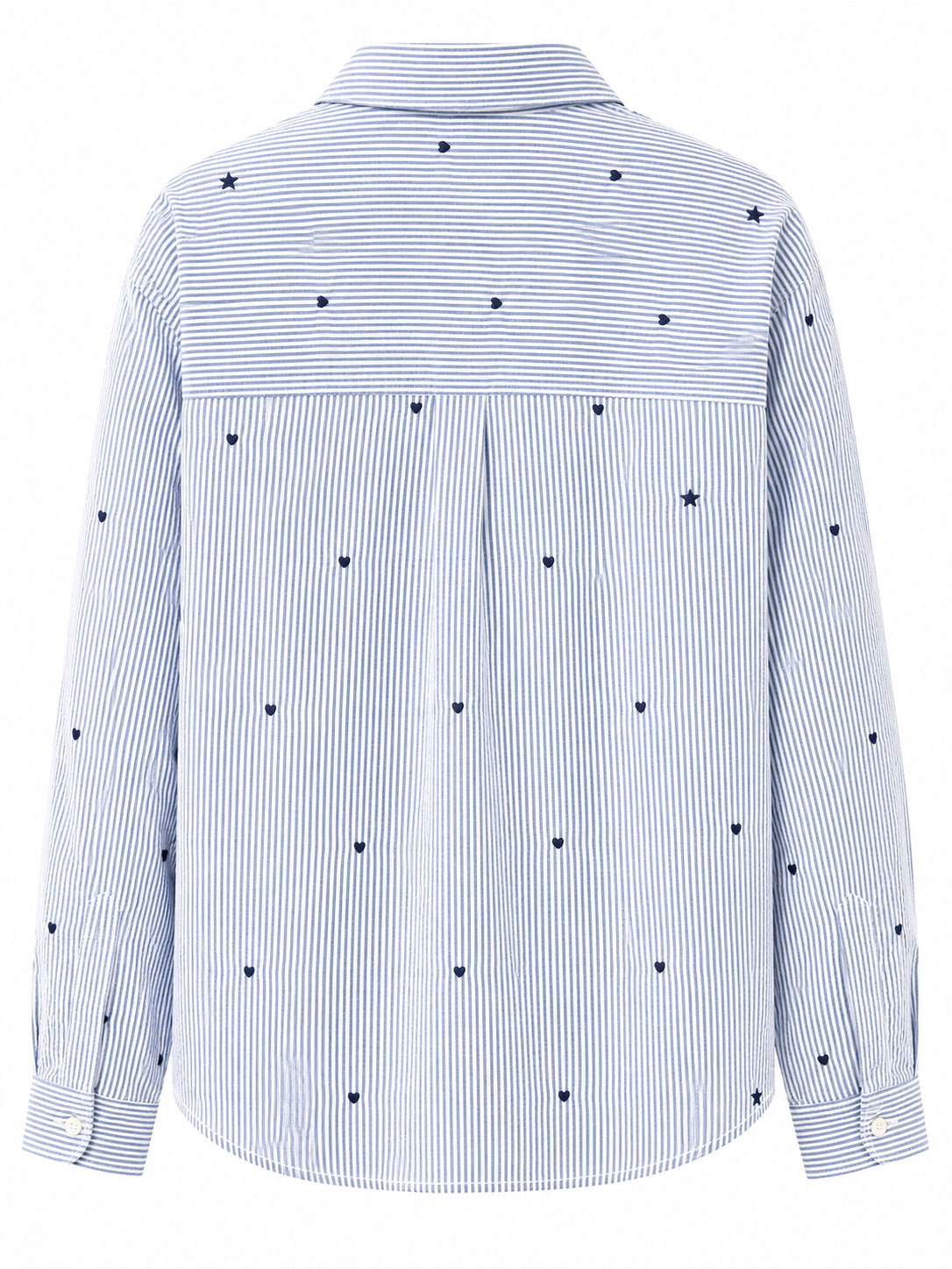 La Petite Étoile women's blue and white striped shirt with navy heart and star embroidery and back pleat, back view.