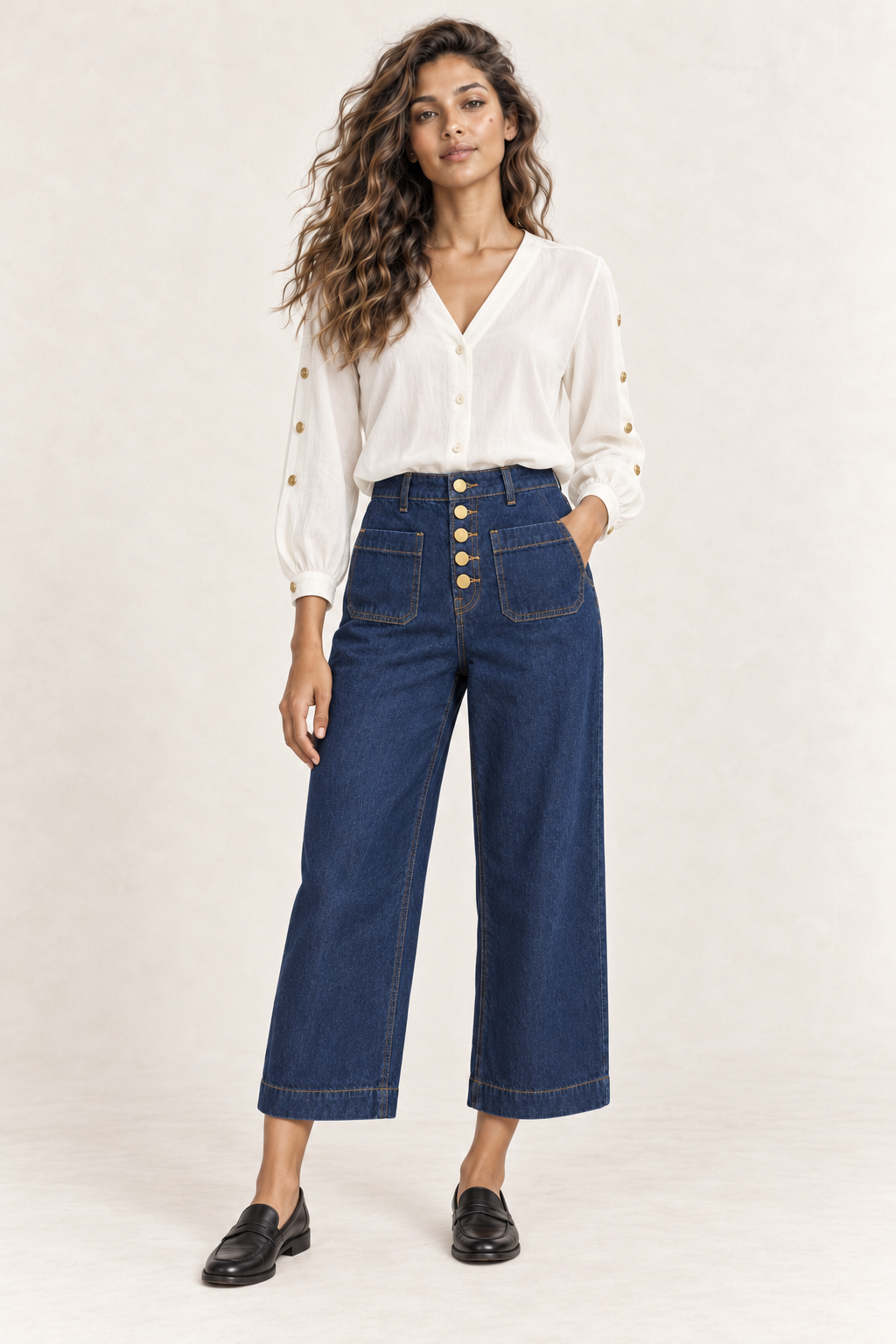La Petite Étoile Bonnie Blouse with Gold Button Sleeves in Ecru worn by model, full-length standing view