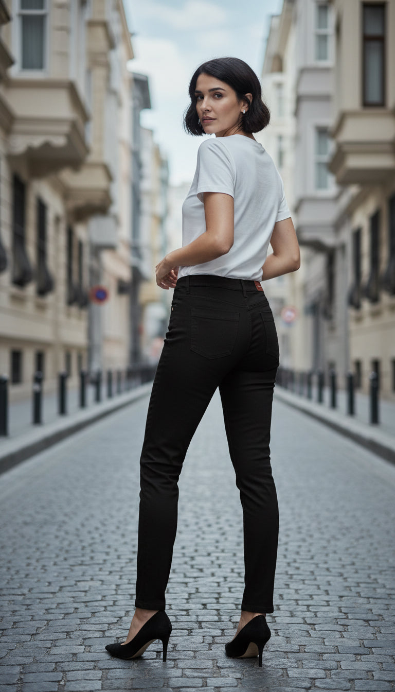 Model wearing La Petite Étoile Brieg jeans in noir, slim black denim styled in a city street setting