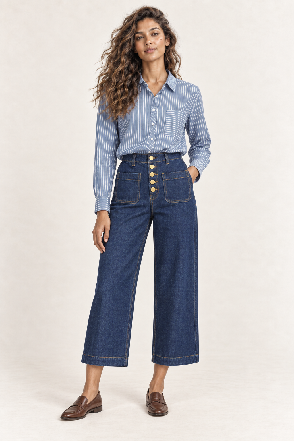 Full-length look featuring La Petite Étoile Cecile striped cotton shirt in bleu and ecru styled with cropped wide-leg jeans