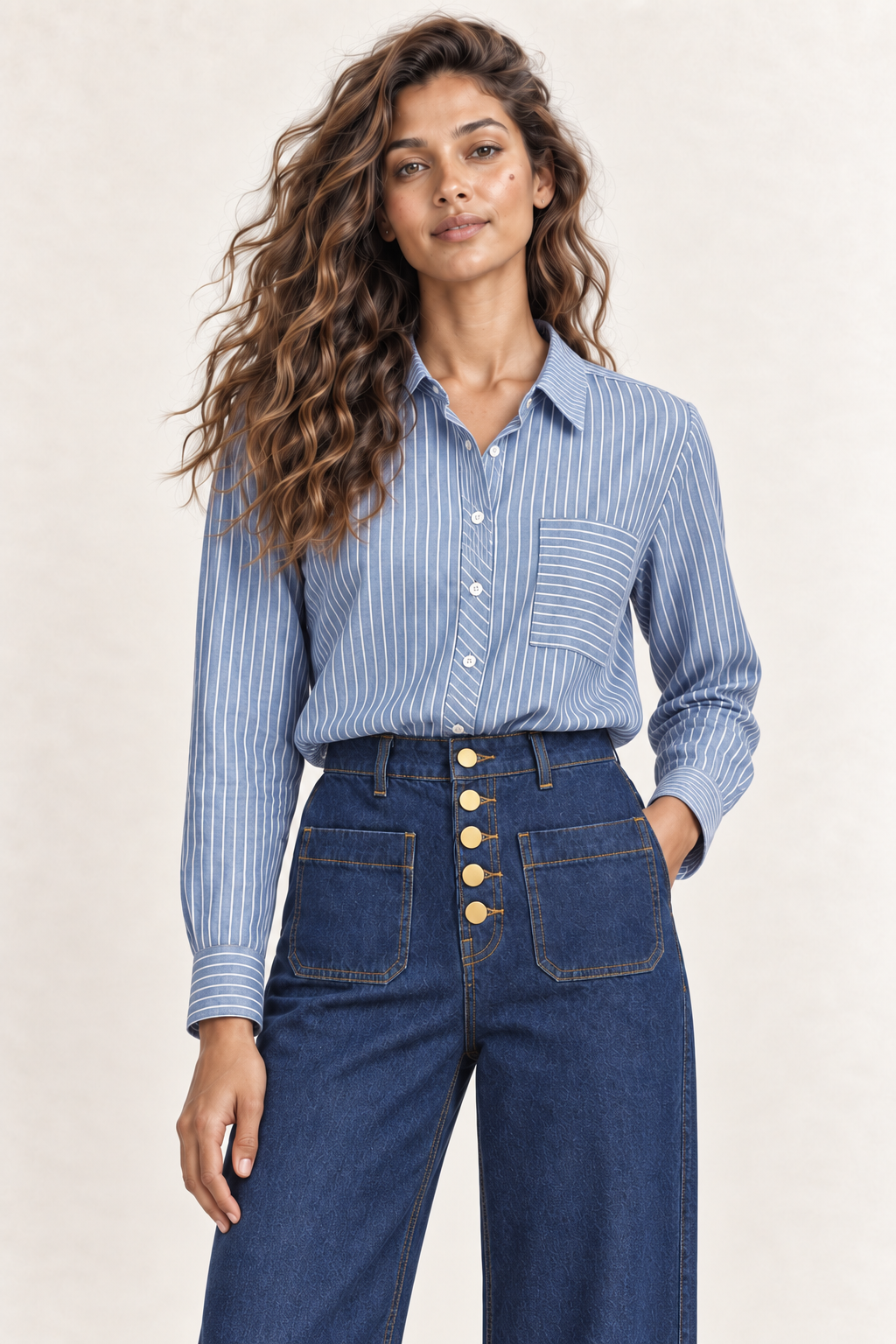 La Petite Étoile | Cecile Striped Cotton Shirt in Bleu & Ecru