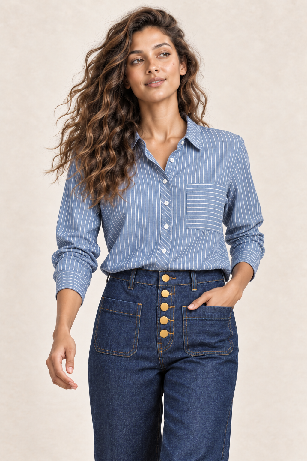 La Petite Étoile | Cecile Striped Cotton Shirt in Bleu & Ecru