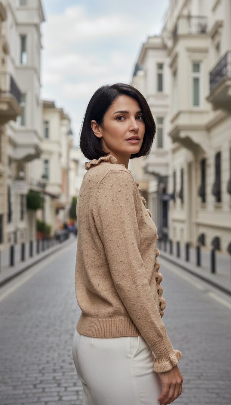 Side view of La Petite Étoile Meatrice beige knit vest styled with neutral trousers