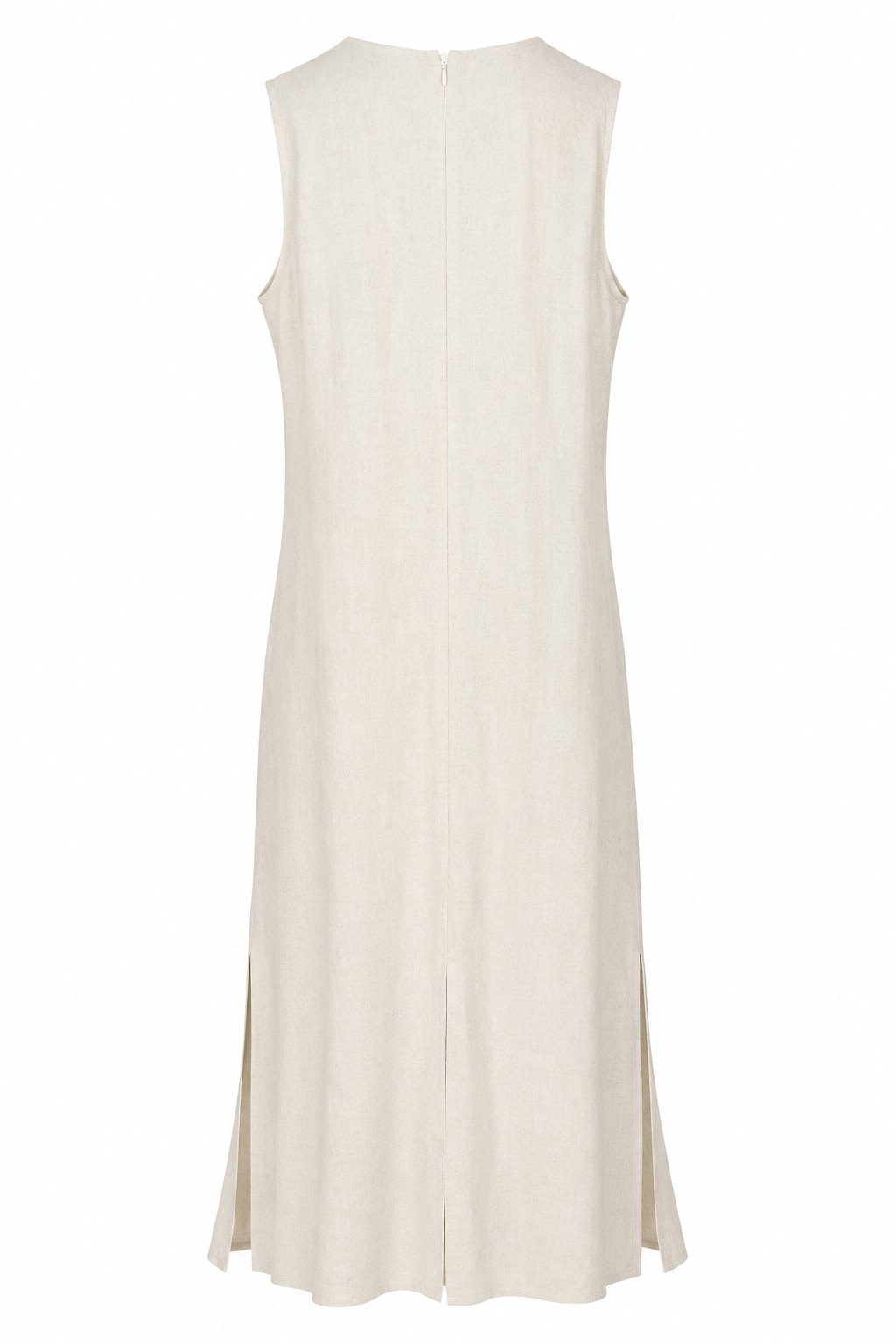La Petite Étoile sleeveless maxi dress in cream with back zip closure and side slits, back view.