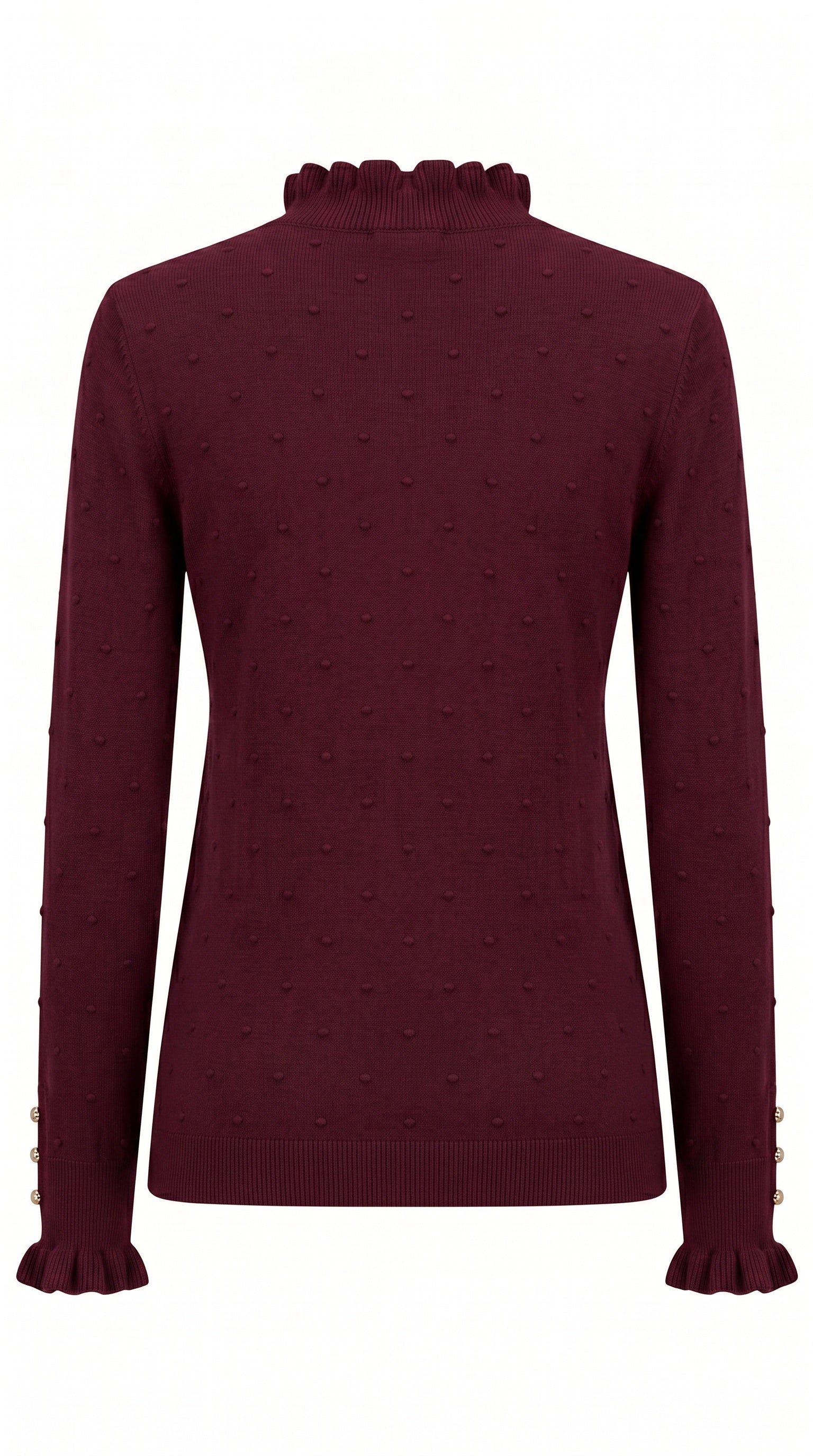 La Petite Étoile burgundy knit pullover with frill neckline and textured dot detailing