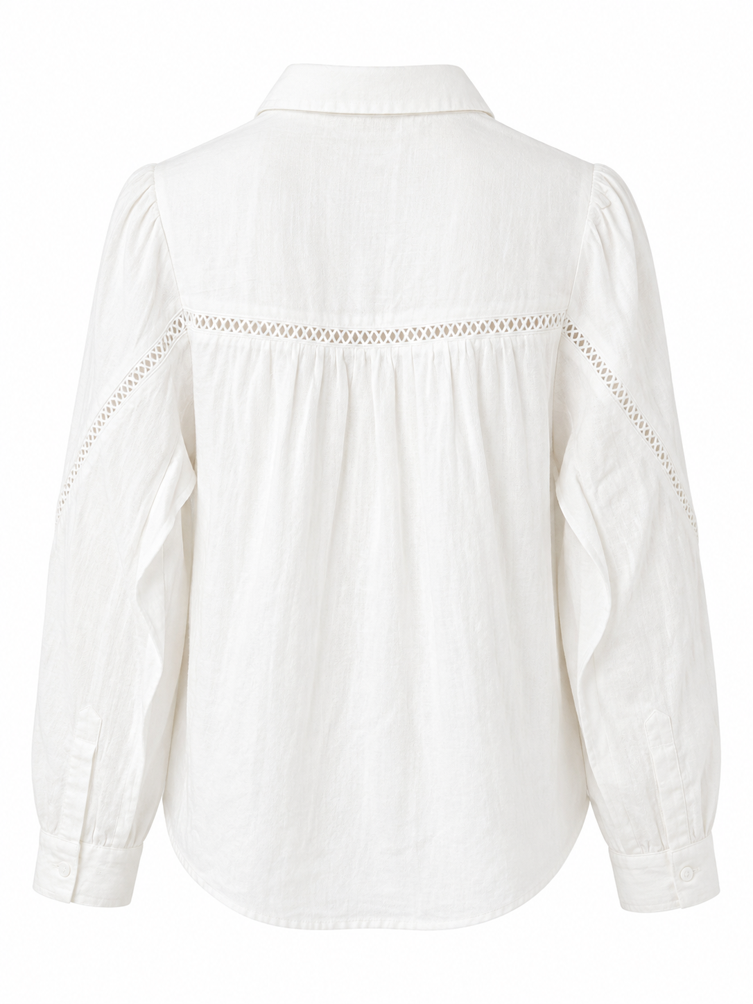 La Petite Étoile women's white shirt with openwork lace yoke detail, gathered back panel and long sleeves, back view.