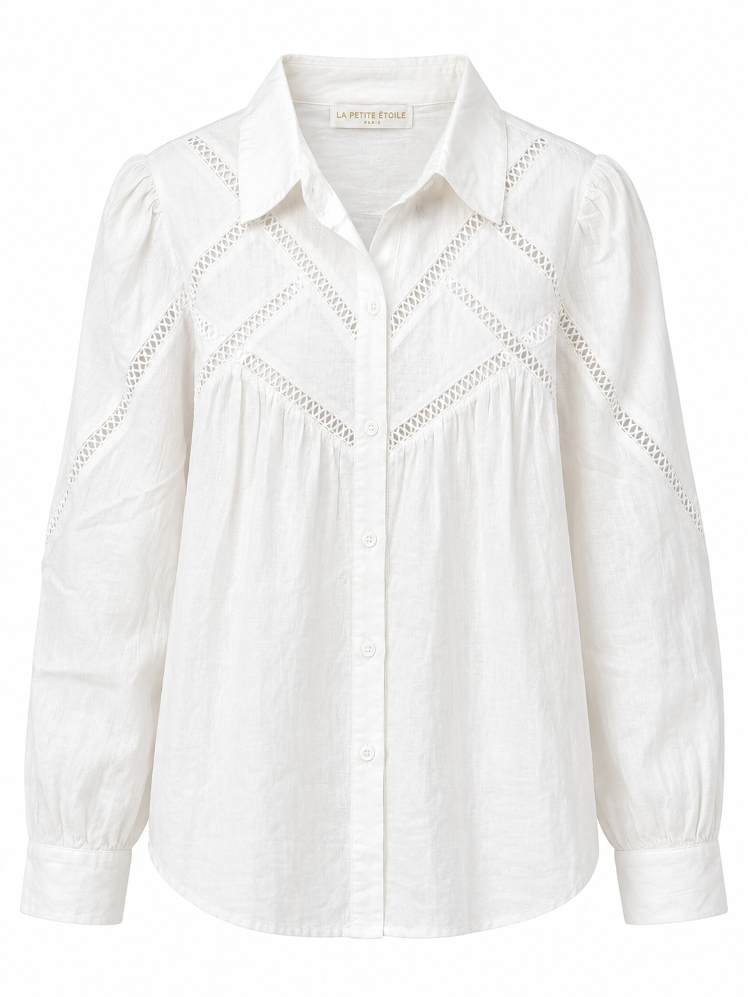 La Petite Étoile women's white button-up shirt with delicate openwork lace detailing, gathered panels and long sleeves, front view.