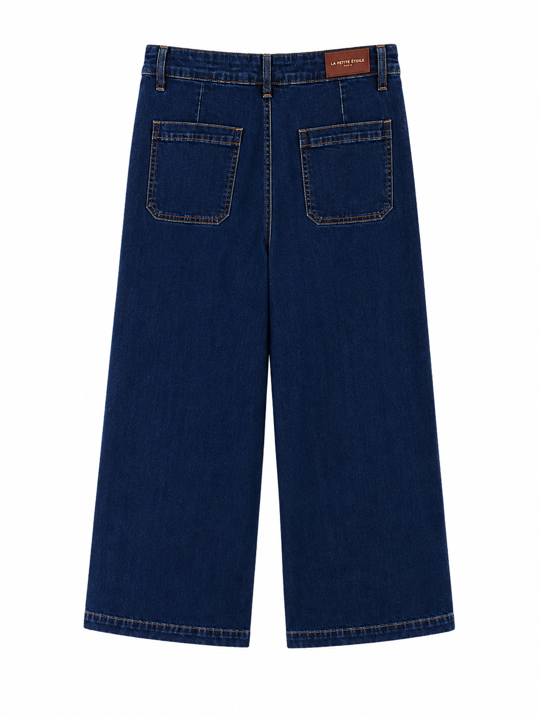 Back view of La Petite Étoile blue wide-leg jeans with patch pockets and wide-leg cropped fit.