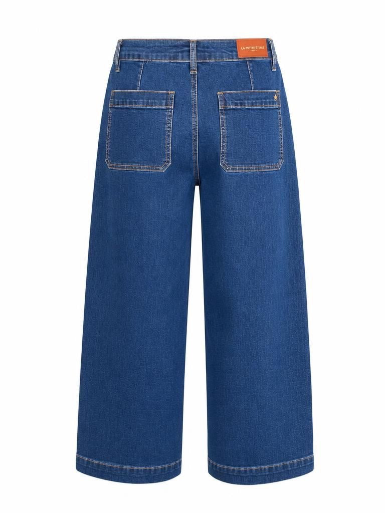 La Petit Étoile blue wide leg jeans with button front and patch pockets