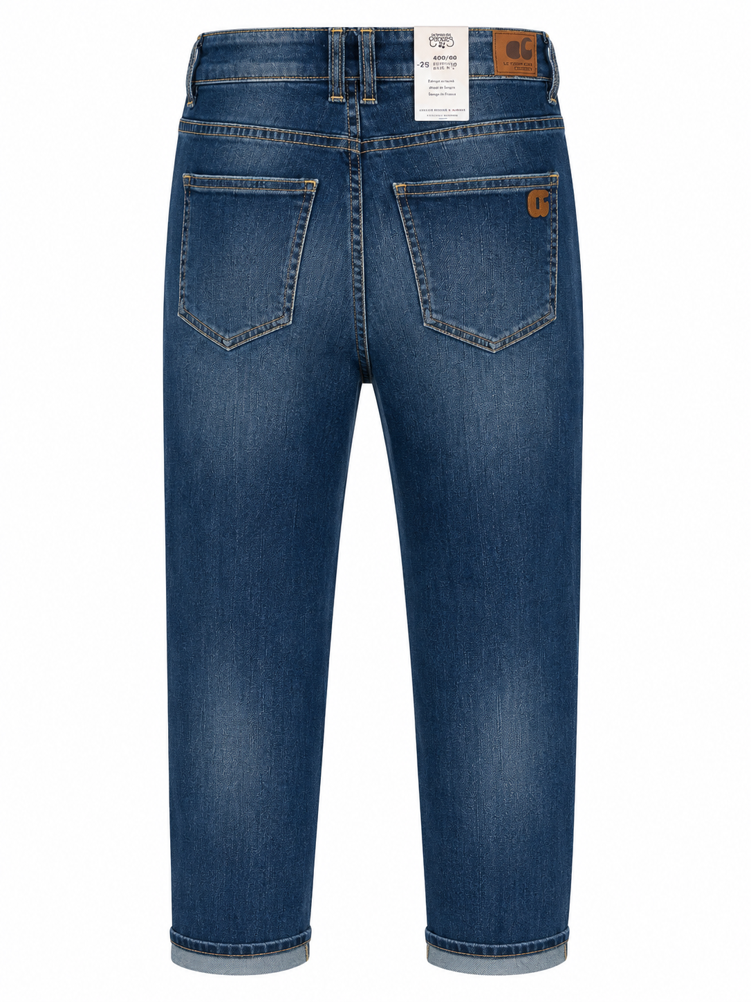 Back view of the Le Temps des Cerises 400/60 Girlfriend Clelia High Waist Jeans in Blue No.3 featuring signature back pockets and branded leather patch.