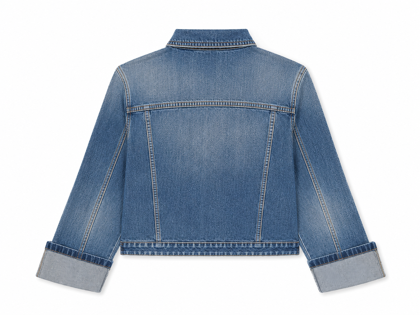 Back view of the Le Temps des Cerises Aleska blue cropped denim jacket with classic seam detailing.