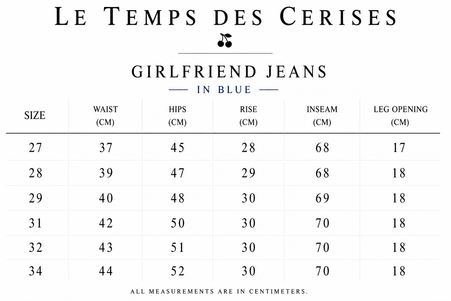 Le Temps Des Cerises Girlfriend Jeans in Blue size guide showing waist, hips, rise, inseam and leg opening measurements in centimetres.