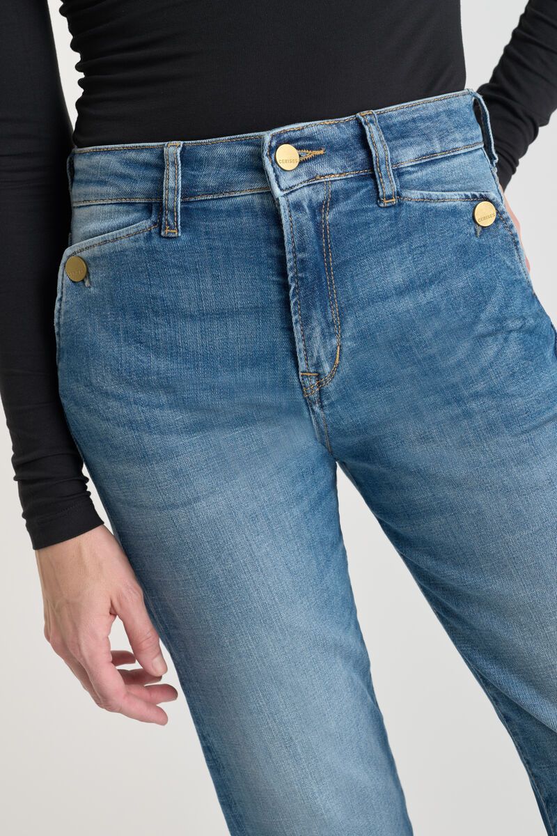 Close-up of waistband and front fastening detail on Le Temps des Cerises blue regular fit jeans