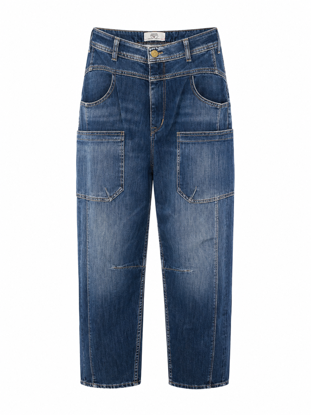 Front view of Le Temps des Cerises Madie Denim Jeans in Dark Blue featuring a high-rise waist, relaxed barrel-leg fit and oversized utility pockets.