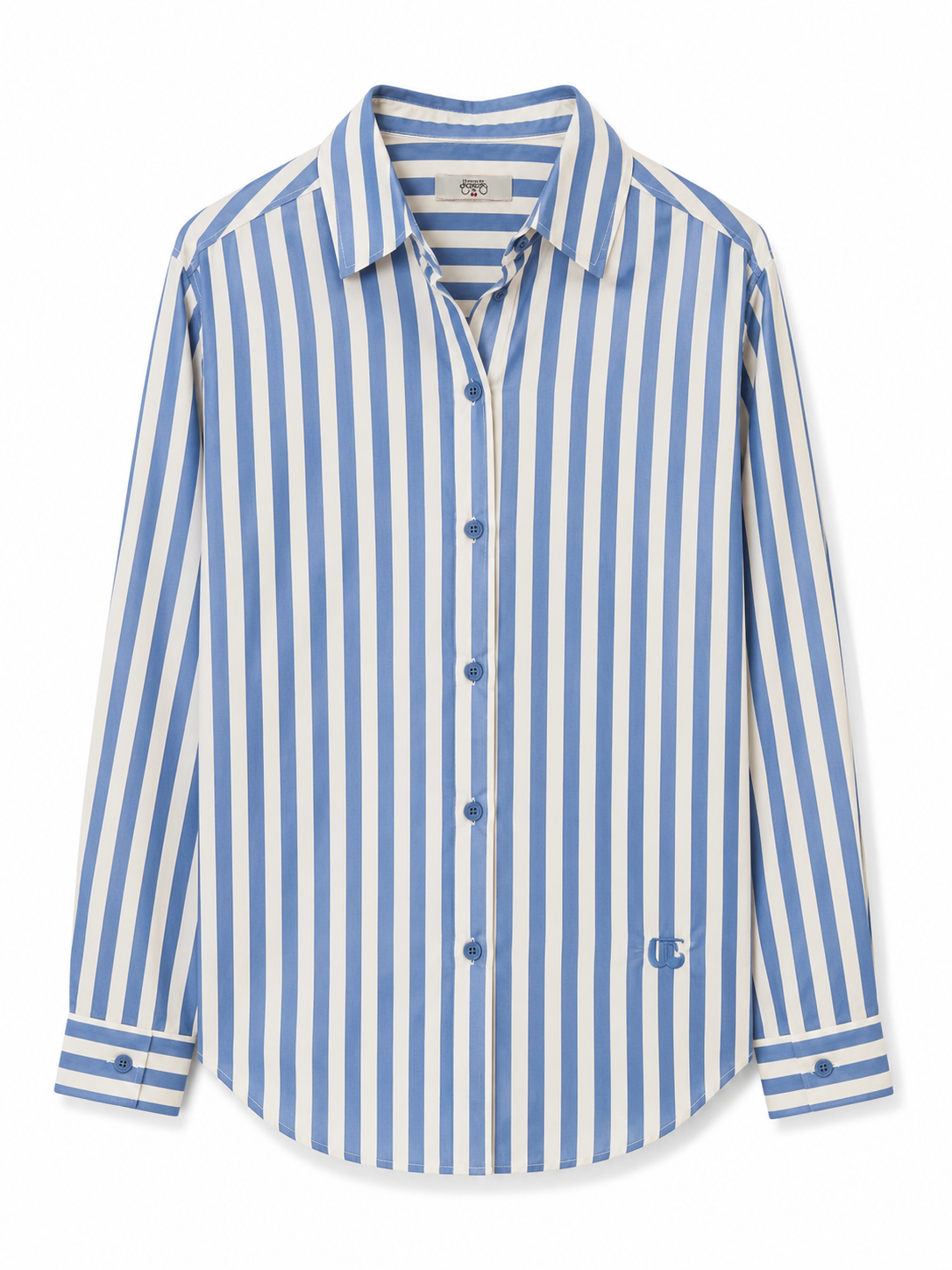 Le Temps des Cerises shirt in sky blue with blue and white vertical stripes, classic collar and button-front design.