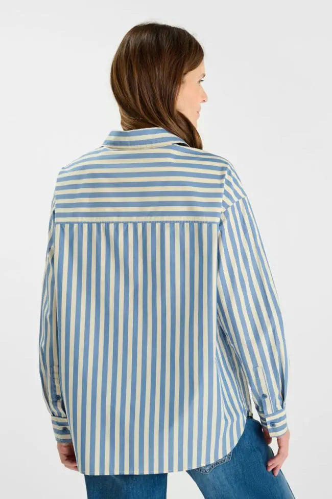 Back view of Le Temps des Cerises sky blue and cream striped button-through shirt with relaxed silhouette