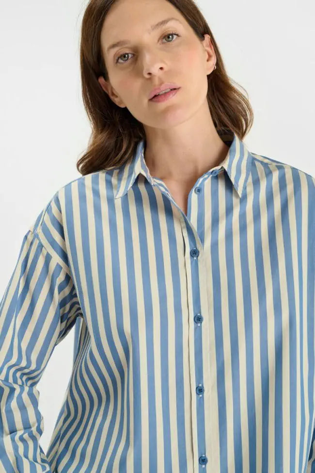 Le Temps des Cerises sky blue and cream striped button-through shirt with classic collar and relaxed fit