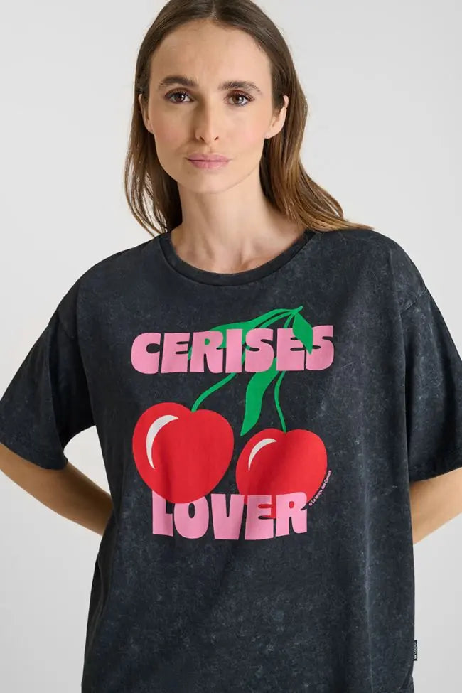 Le Temps des Cerises Spears black tee-shirt featuring oversized Cerises Lover cherry graphic print on the front