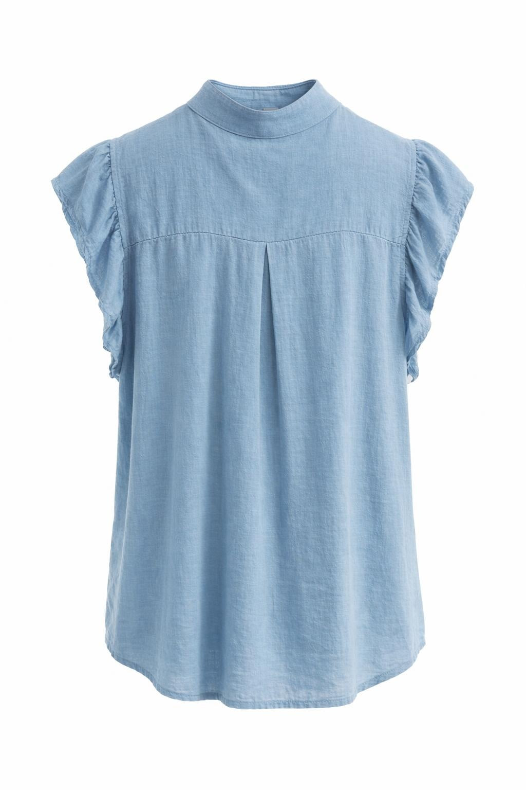 Marta du Château Annie top in blue featuring pintuck detailing, flutter sleeves, band collar neckline and relaxed fit silhouette.