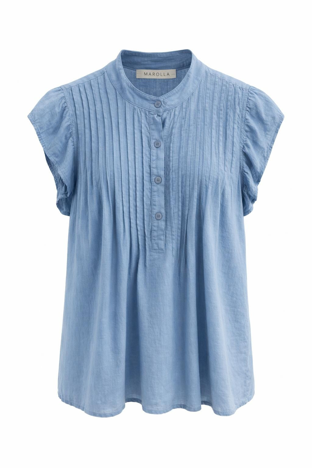 Marta du Château Annie top in blue featuring pintuck detailing, flutter sleeves, band collar neckline and relaxed fit silhouette.