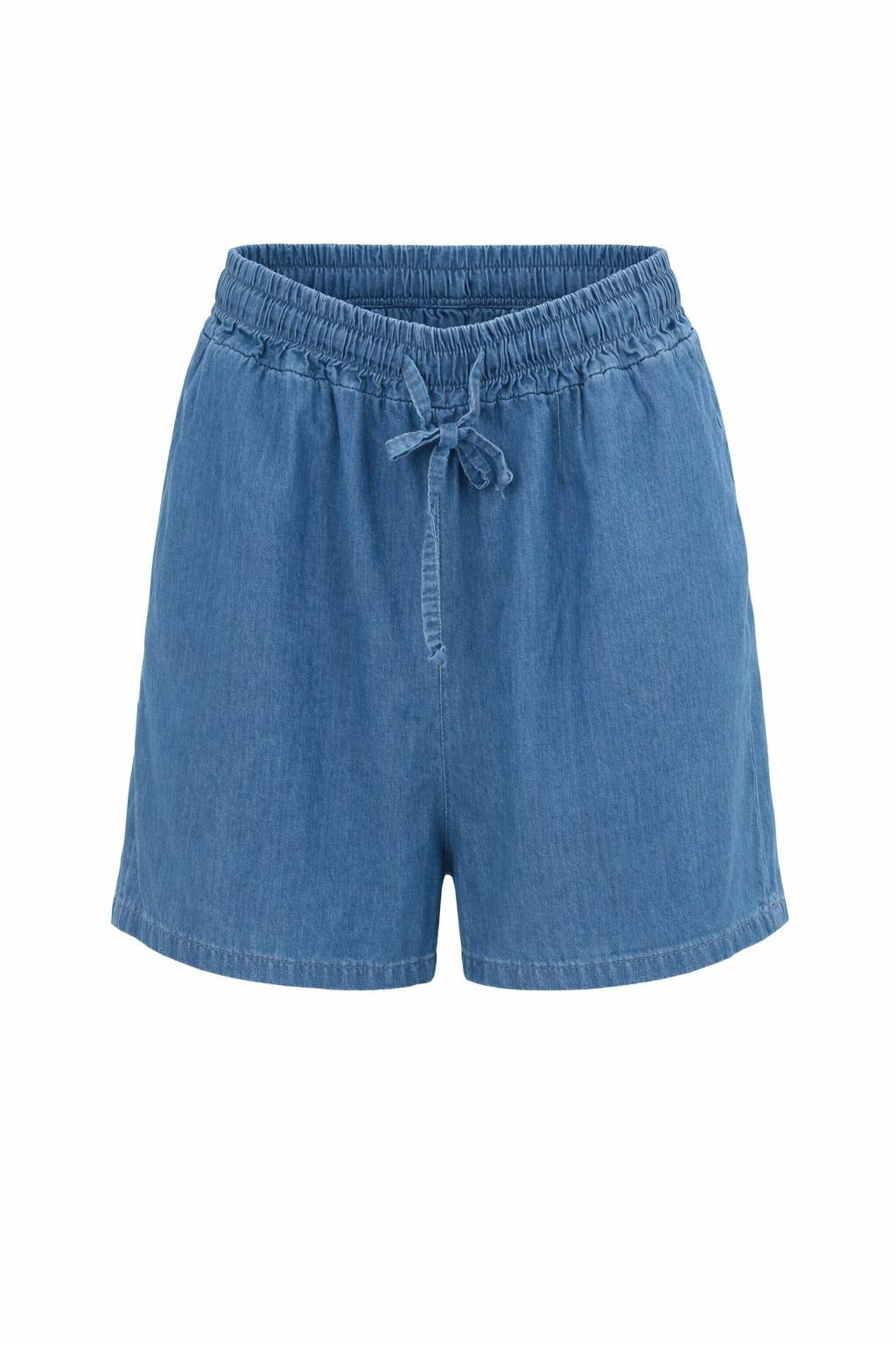Marta du Château Kira Shorts in medio blue with an elasticated drawstring waist and relaxed fit, front view.