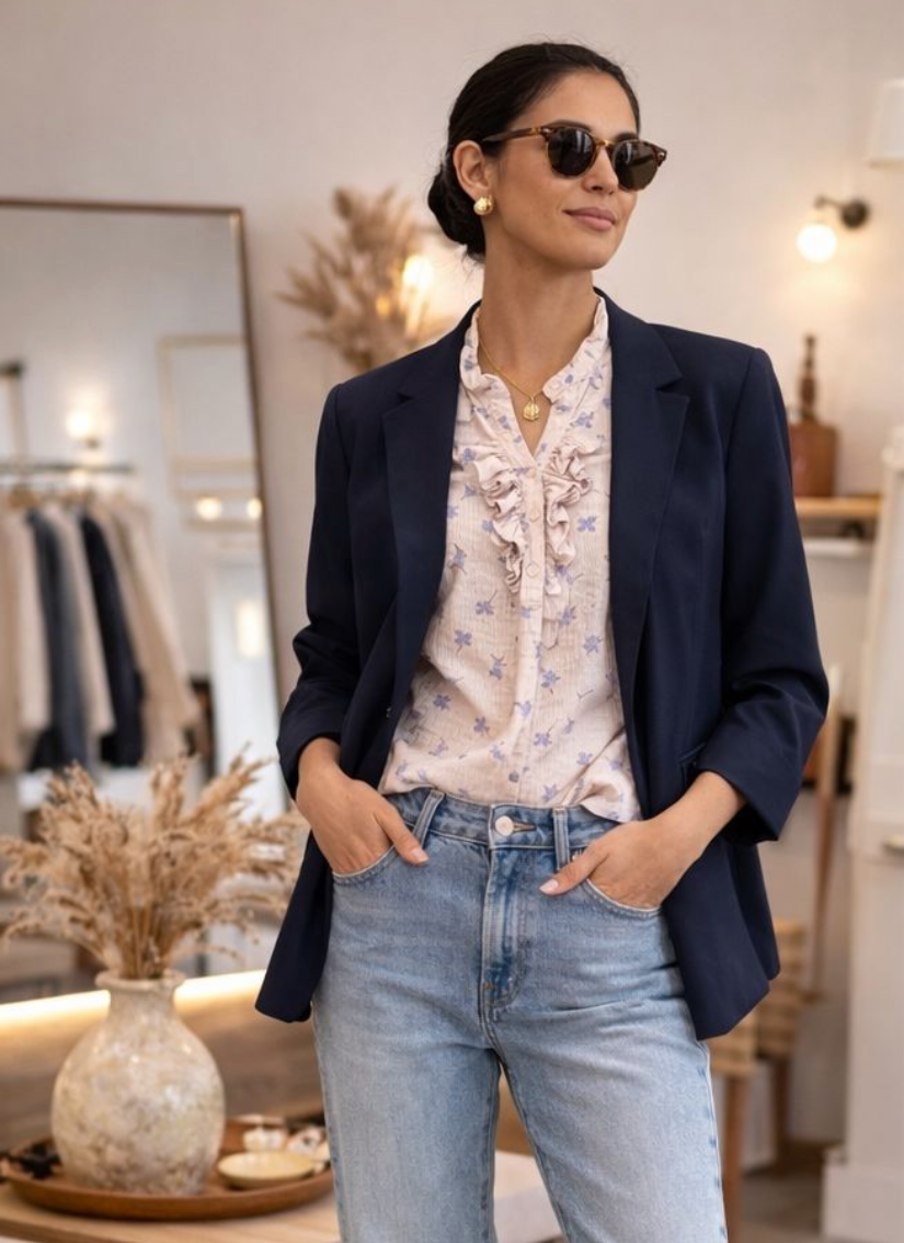 Model wearing Martha du Château Helina shirt in celeste front view