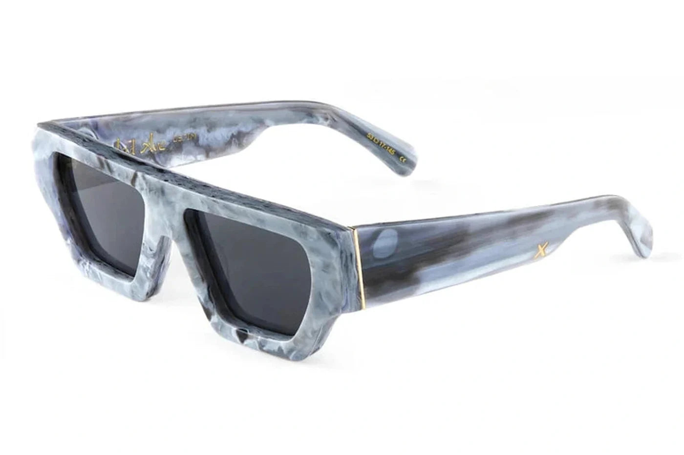 Angled view of Oscar X Frank Acid Avenue sunglasses in Italian marble acetate with dark smoke lenses.