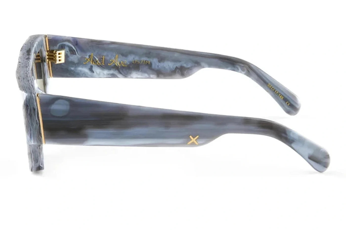Side profile of Oscar X Frank Acid Avenue sunglasses in Italian marble acetate with signature gold detailing.