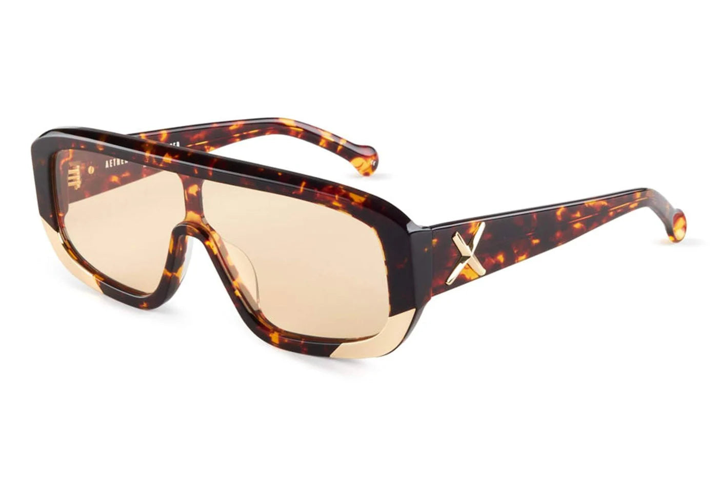 Oscar x Frank Aether sunglasses in light tortoiseshell with oversized shield frame, gold-tone accents and photochromic lenses