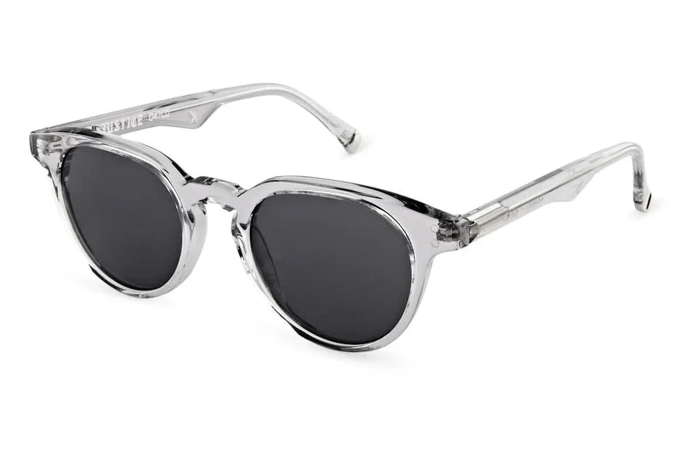 Angled view of Oscar X Frank Justice sunglasses in translucent smoke acetate with dark smoke lenses