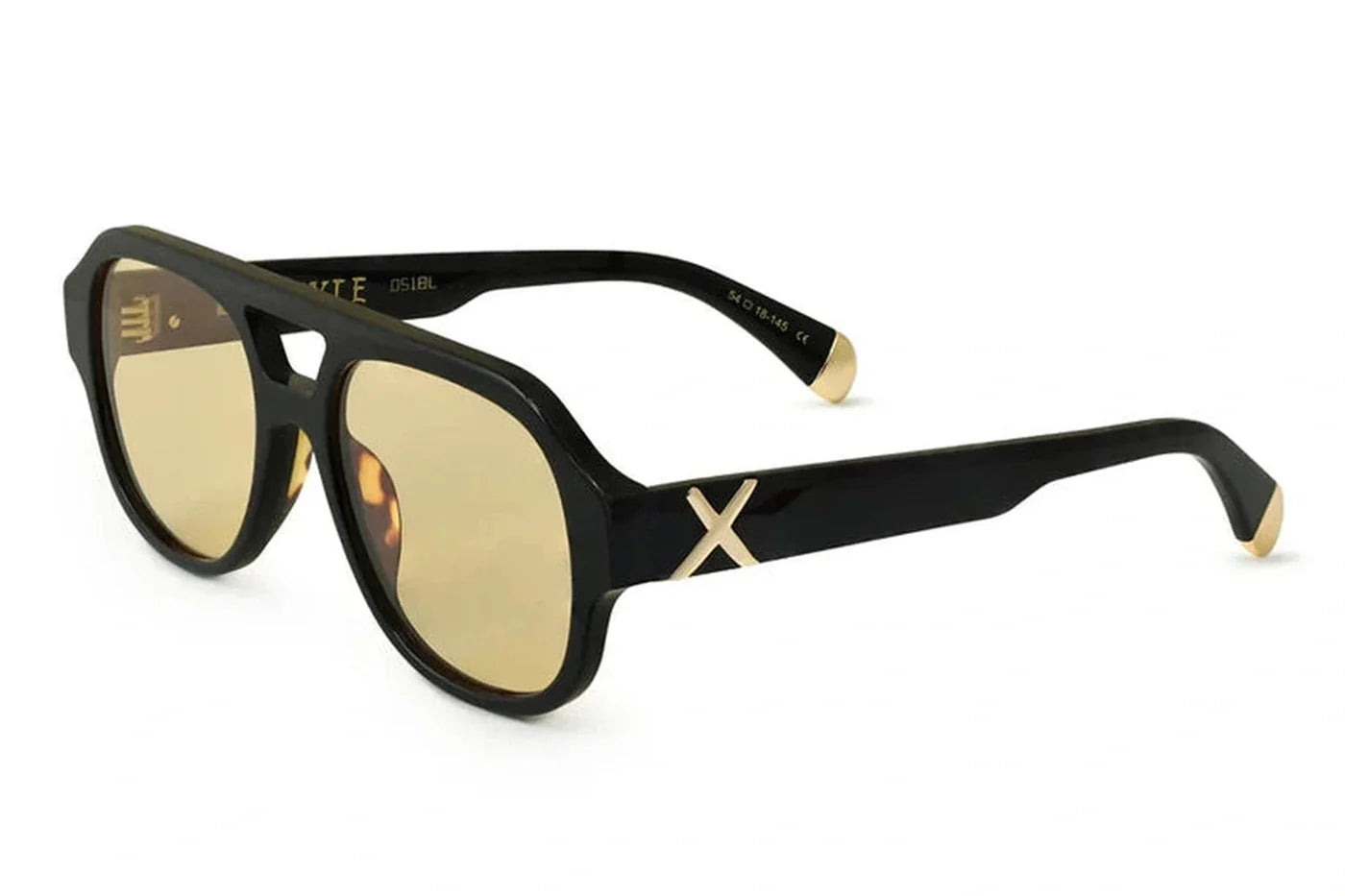 Angled view of Oscar X Frank Le Style sunglasses in gloss black with yellow lenses and signature gold temple detailing.