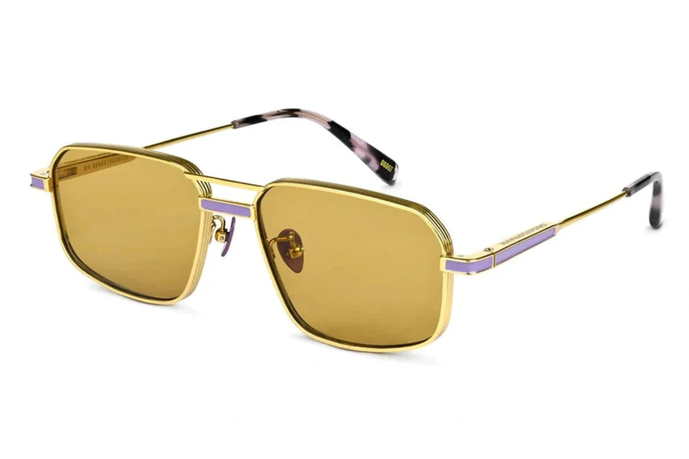 Oscar x Frank Mr Nanks Handcrafted sunglasses in gold with geometric metal frame, amber-tinted lenses and lavender detailing