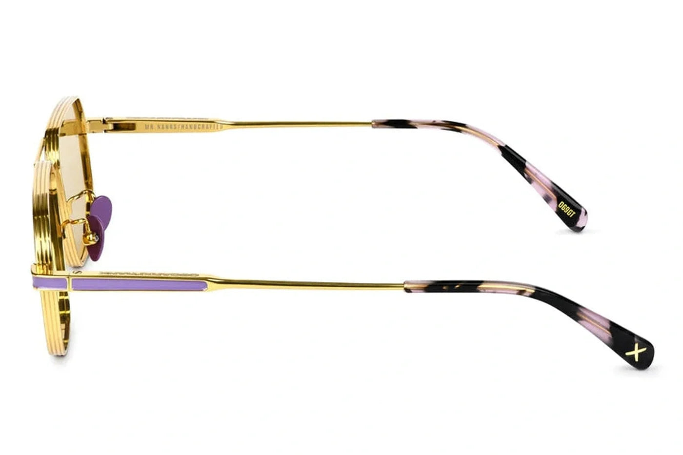 Oscar x Frank Mr Nanks Handcrafted sunglasses in gold with geometric metal frame, amber-tinted lenses and lavender detailing