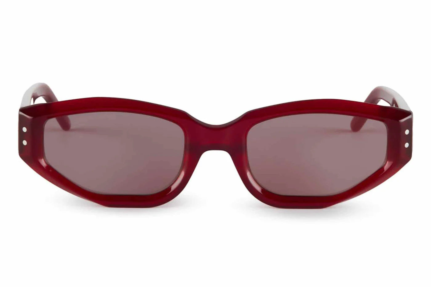 Oscar x Frank Provence Handcrafted sunglasses in translucent strawberry red with angular rectangular acetate frame and tinted lenses