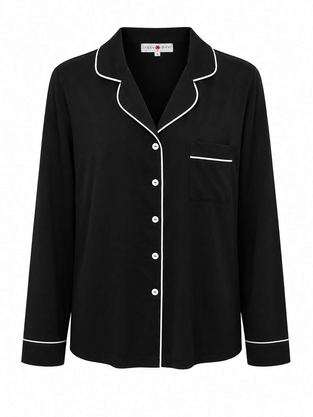 Poppy Divine classic black long sleeve pyjama shirt with white piping detail