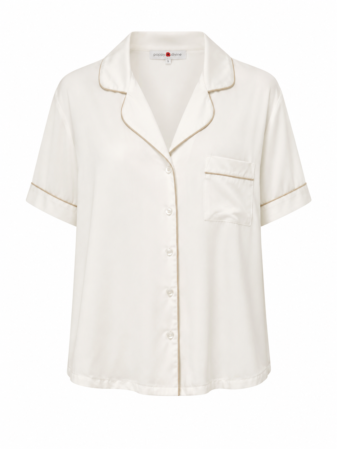 Poppy Divine classic ivory short sleeve pyjama shirt with contrast piping