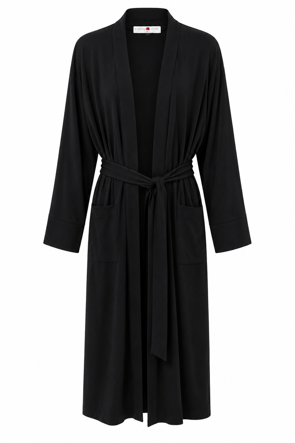 Poppy Divine long black kimono lounge robe with self-tie waist