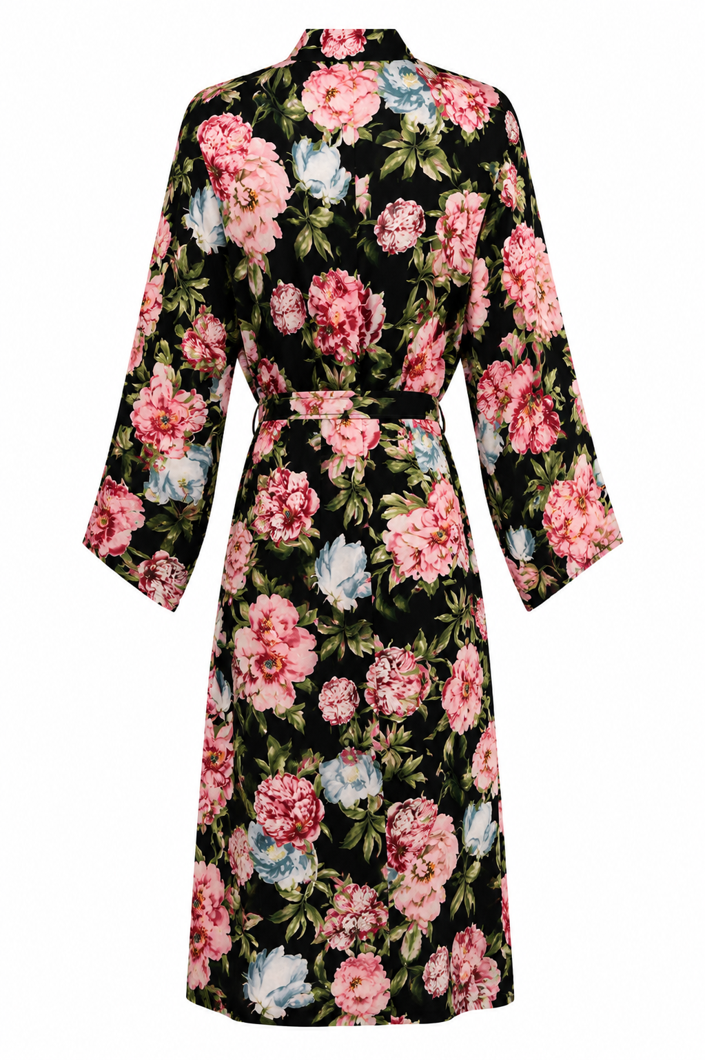Poppy Divine navy floral kimono robe with pink floral print and self-tie waist